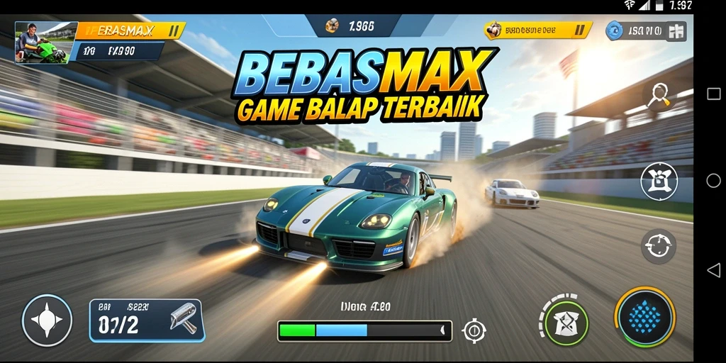 Tampilan gameplay seru di BEBASMAX dengan mobil balap cepat.