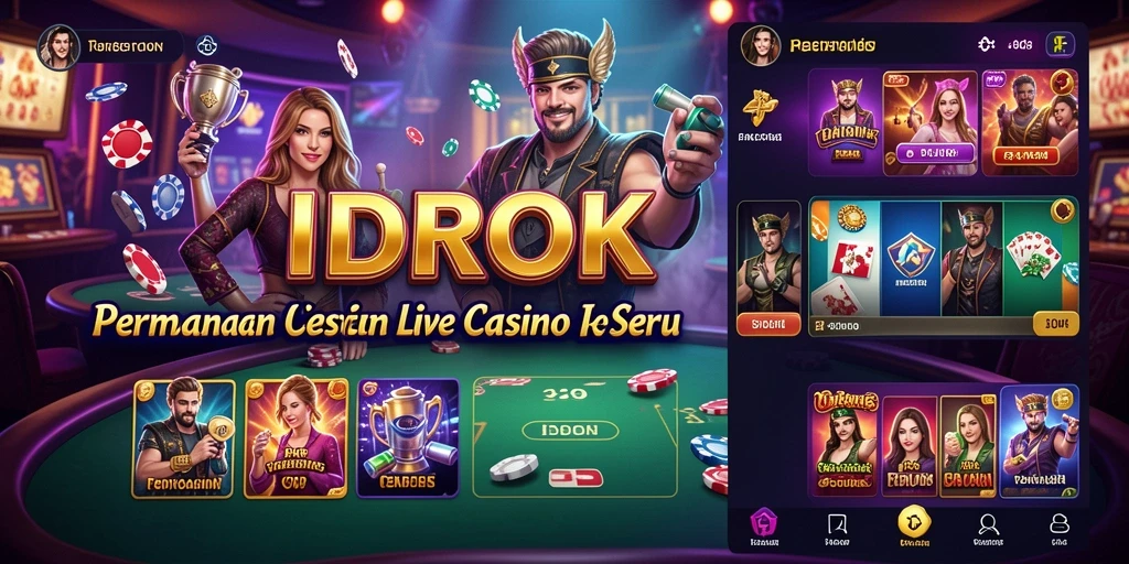 Screenshot gameplay IDROK yang menunjukkan dealer langsung dan suasana kasino.