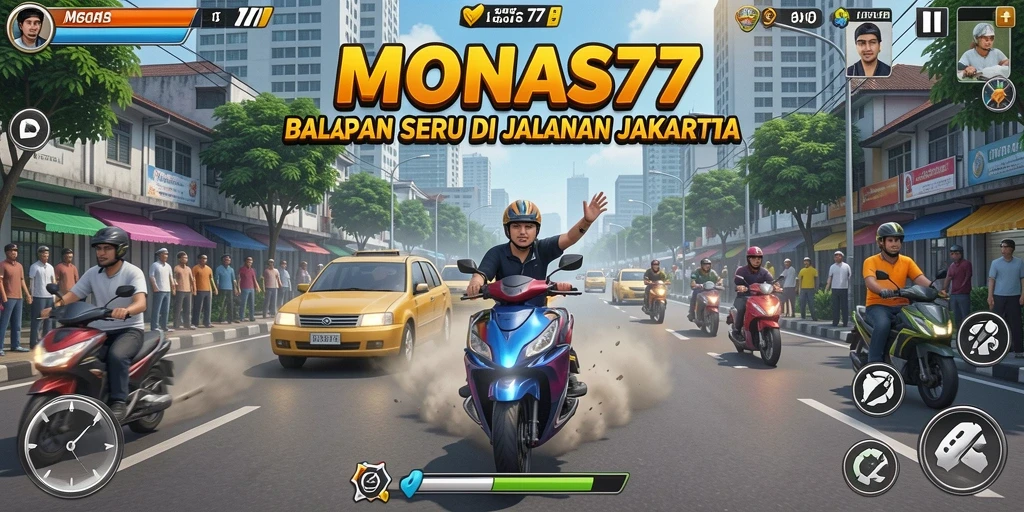 Tampilan gameplay seru dari MONAS77 dengan mobil balap di jalanan Jakarta.