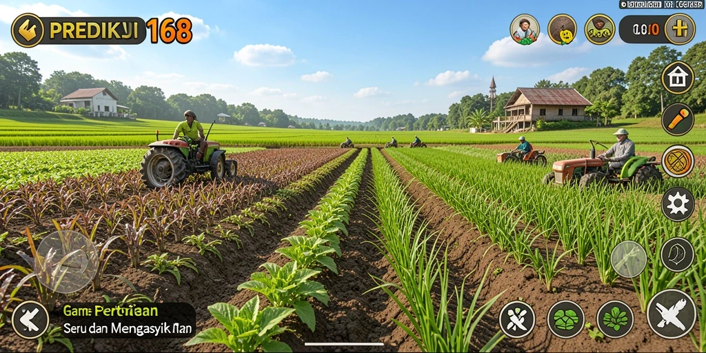 Tampilan gameplay menarik di PREDIKSI168 dengan berbagai tanaman dan alat pertanian.